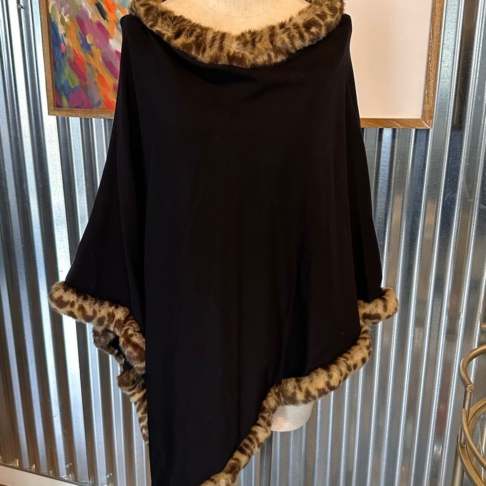 Black Poncho with Leopard Trim
